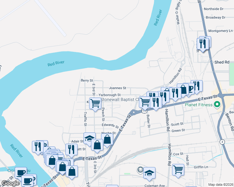 map of restaurants, bars, coffee shops, grocery stores, and more near 615 Yarborough Street in Bossier City