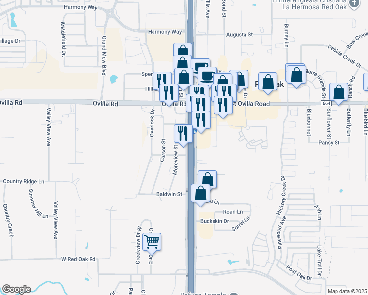 map of restaurants, bars, coffee shops, grocery stores, and more near 213 Moreview Street in Red Oak