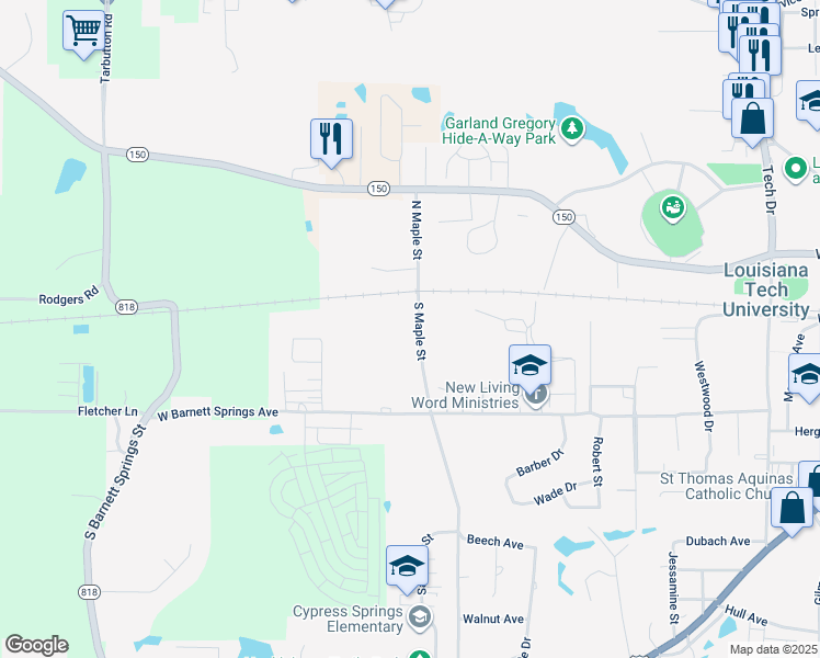 map of restaurants, bars, coffee shops, grocery stores, and more near 120 South Maple Street in Ruston