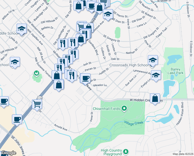 map of restaurants, bars, coffee shops, grocery stores, and more near 713 Judith Street in Burleson