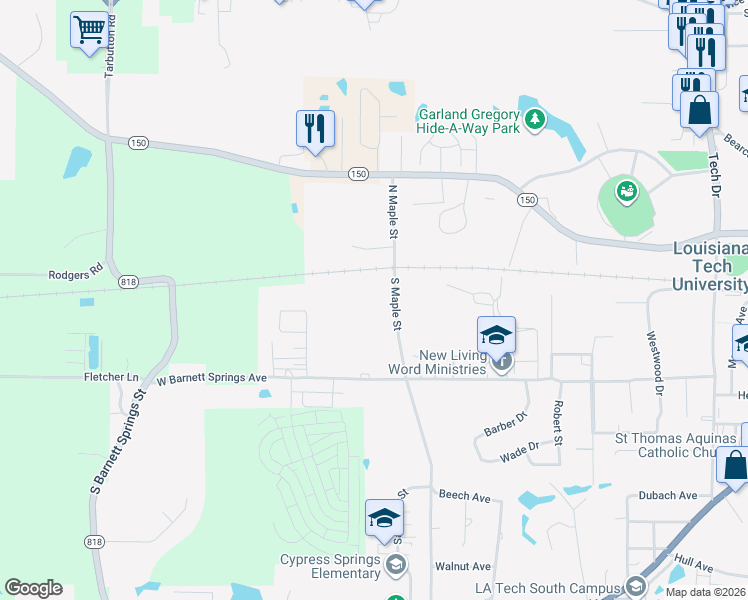 map of restaurants, bars, coffee shops, grocery stores, and more near 120 South Maple Street in Ruston