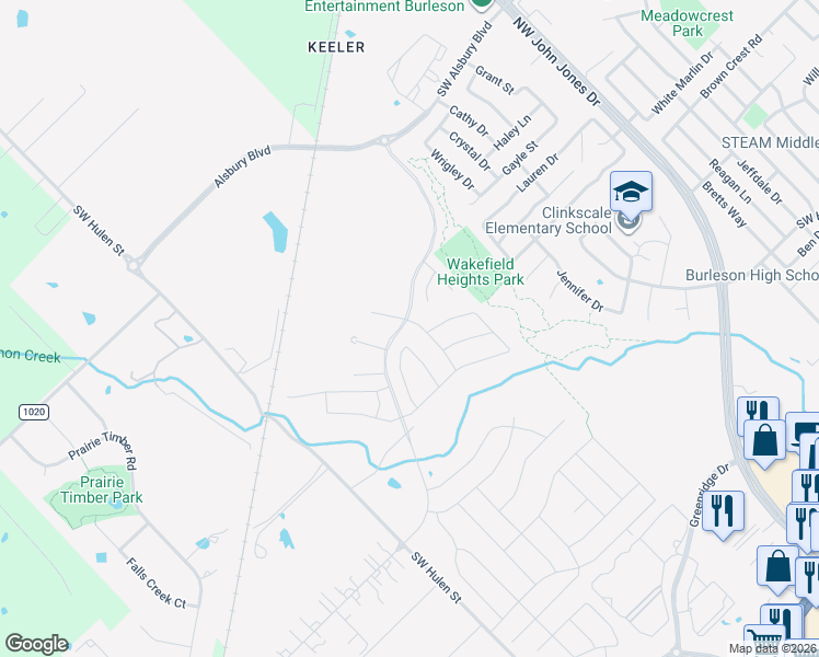 map of restaurants, bars, coffee shops, grocery stores, and more near 1651 Candler Drive in Burleson