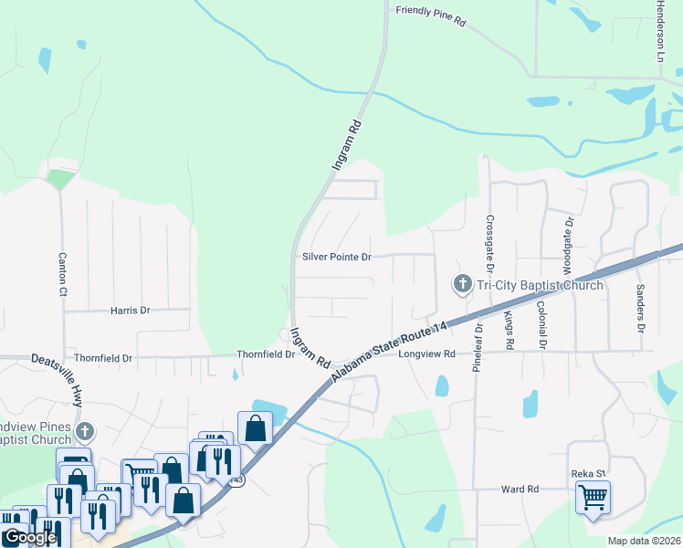 map of restaurants, bars, coffee shops, grocery stores, and more near 138 Silver Pointe Drive in Elmore