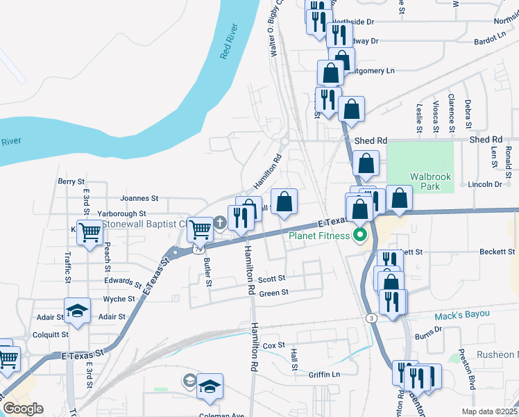 map of restaurants, bars, coffee shops, grocery stores, and more near 1909 McCall Street in Bossier City