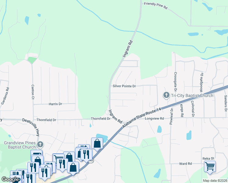 map of restaurants, bars, coffee shops, grocery stores, and more near 27 Pine Meadows Circle in Elmore