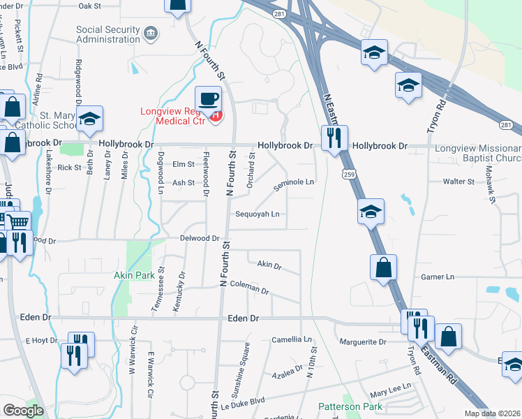 map of restaurants, bars, coffee shops, grocery stores, and more near 1006 Seminole Lane in Longview
