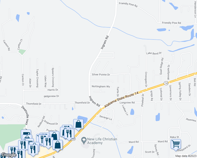 map of restaurants, bars, coffee shops, grocery stores, and more near 79 Pine Meadows Circle in Elmore