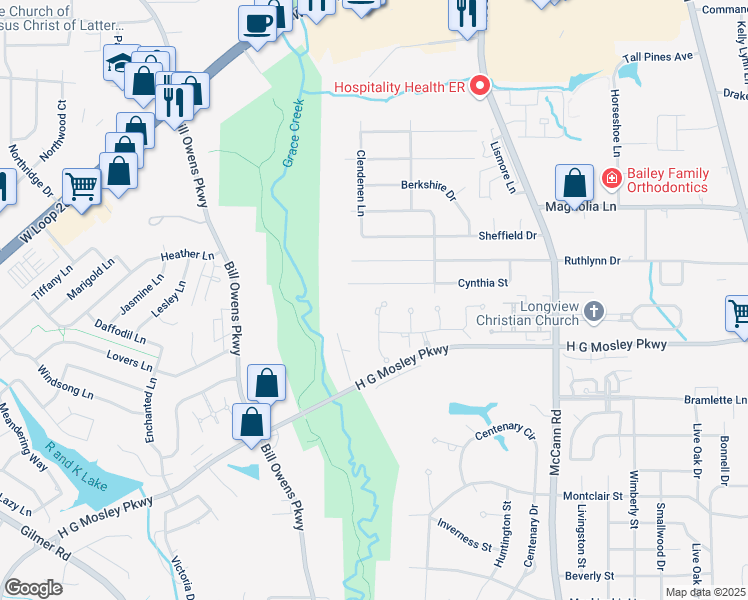 map of restaurants, bars, coffee shops, grocery stores, and more near 618 Cynthia Street in Longview