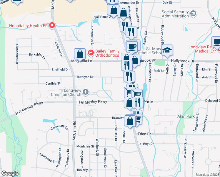 map of restaurants, bars, coffee shops, grocery stores, and more near 16 Creekmont Lane in Longview