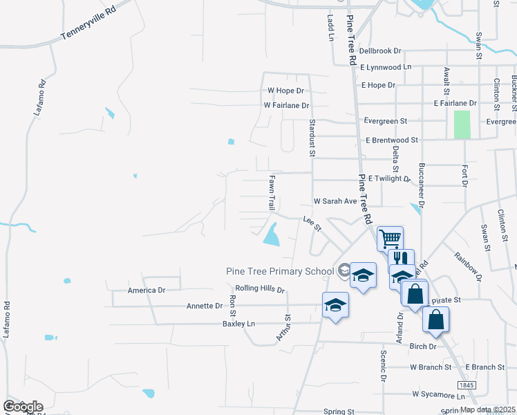 map of restaurants, bars, coffee shops, grocery stores, and more near 2103 Shady Trail in Longview