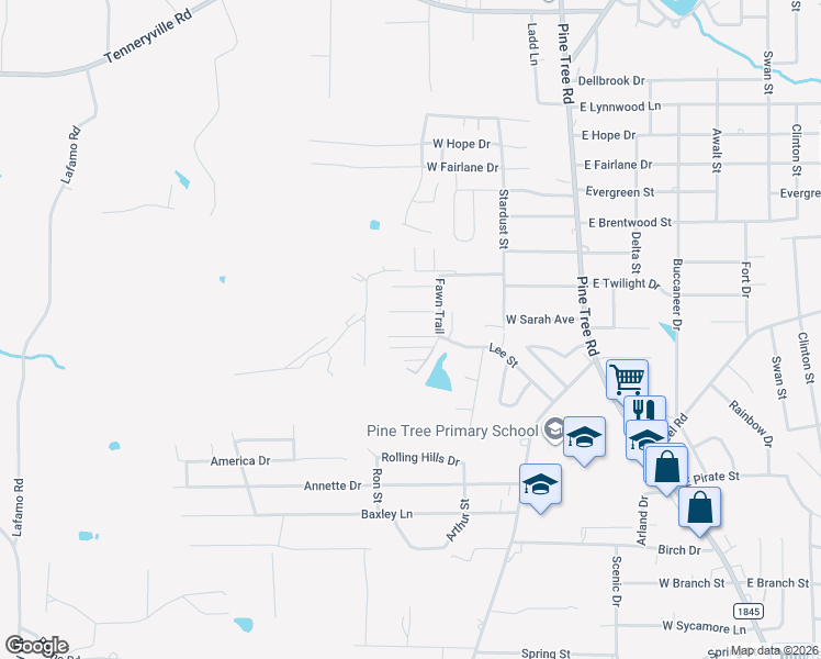map of restaurants, bars, coffee shops, grocery stores, and more near 2103 Shady Trail in Longview