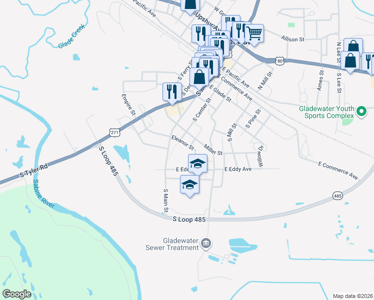 map of restaurants, bars, coffee shops, grocery stores, and more near 212 Eleanor Street in Gladewater