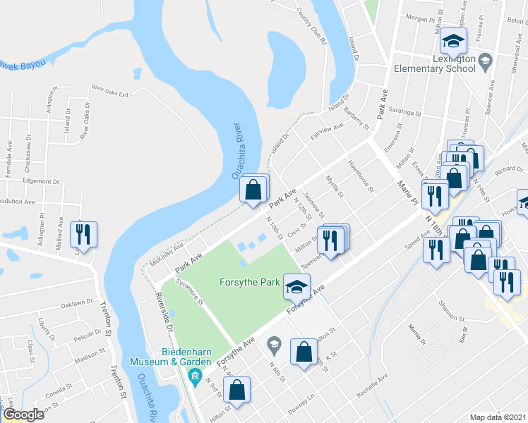 map of restaurants, bars, coffee shops, grocery stores, and more near 1000 Park Avenue in Monroe