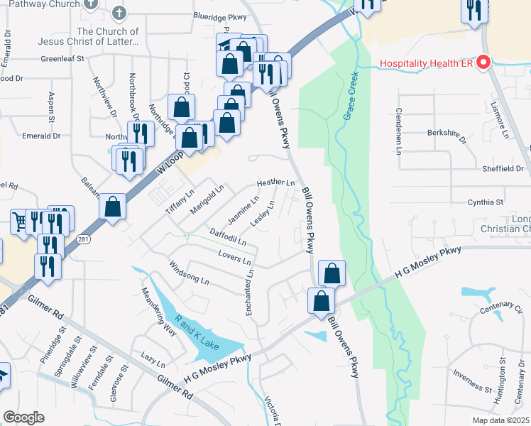 map of restaurants, bars, coffee shops, grocery stores, and more near 1210 Lesley Lane in Longview
