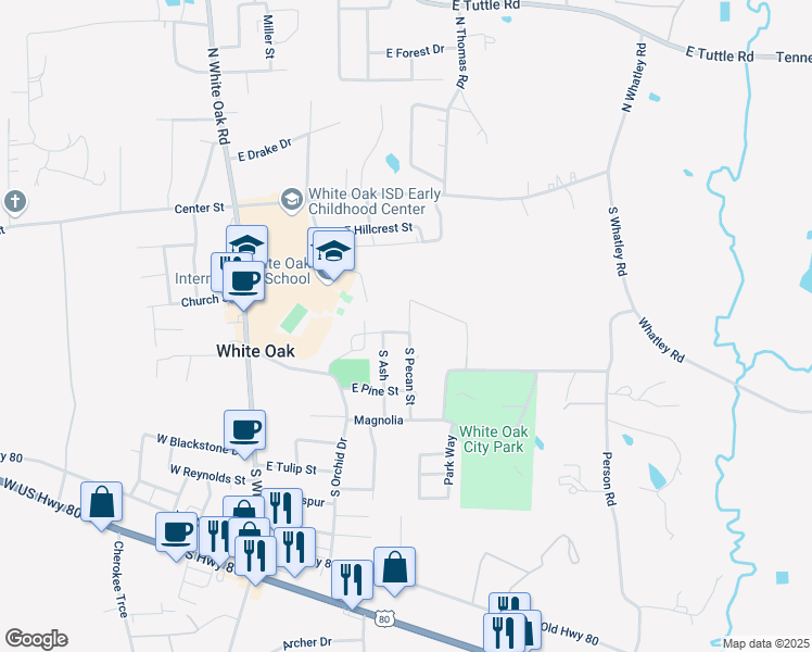 map of restaurants, bars, coffee shops, grocery stores, and more near 313 East Maple Street in White Oak