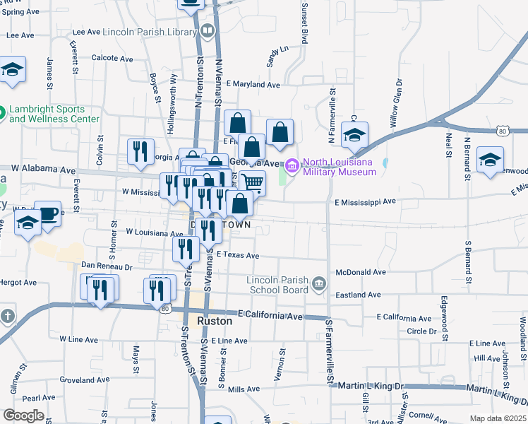 map of restaurants, bars, coffee shops, grocery stores, and more near 220 East Mississippi Avenue in Ruston