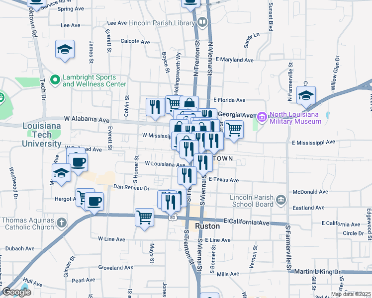 map of restaurants, bars, coffee shops, grocery stores, and more near 208 West Park Avenue in Ruston