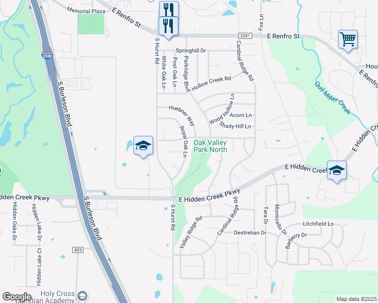 map of restaurants, bars, coffee shops, grocery stores, and more near 907 Royal Oak Lane in Burleson
