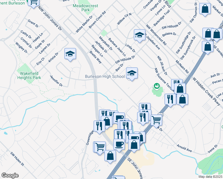 map of restaurants, bars, coffee shops, grocery stores, and more near 301 Elk Drive in Burleson