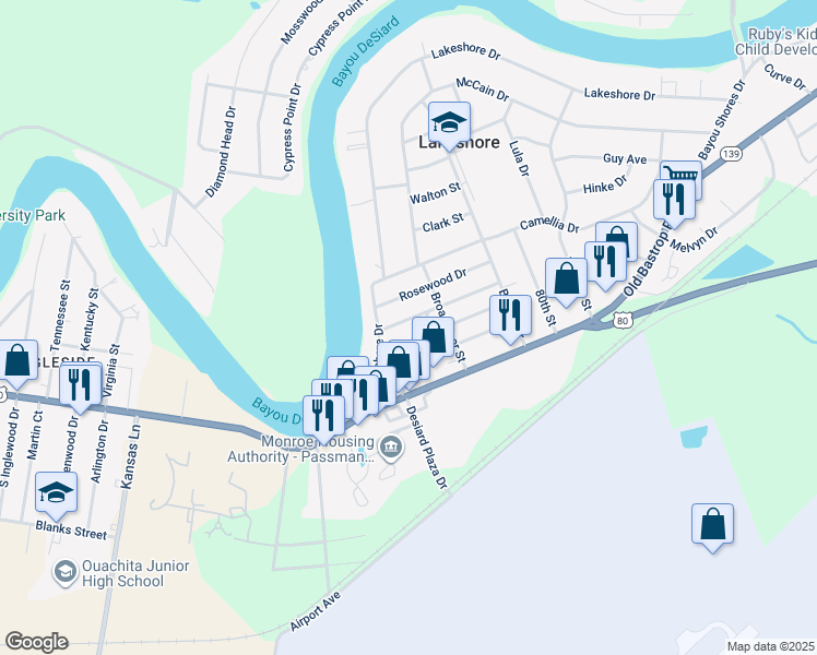 map of restaurants, bars, coffee shops, grocery stores, and more near 106 Azalea Dr in Monroe