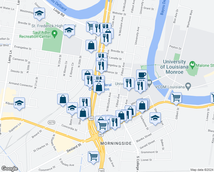 map of restaurants, bars, coffee shops, grocery stores, and more near 3499 Desoto Street in Monroe
