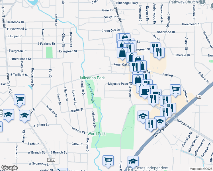 map of restaurants, bars, coffee shops, grocery stores, and more near 2000 Majestic Pace in Longview