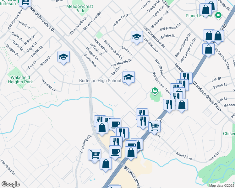 map of restaurants, bars, coffee shops, grocery stores, and more near 283 Elk Drive in Burleson