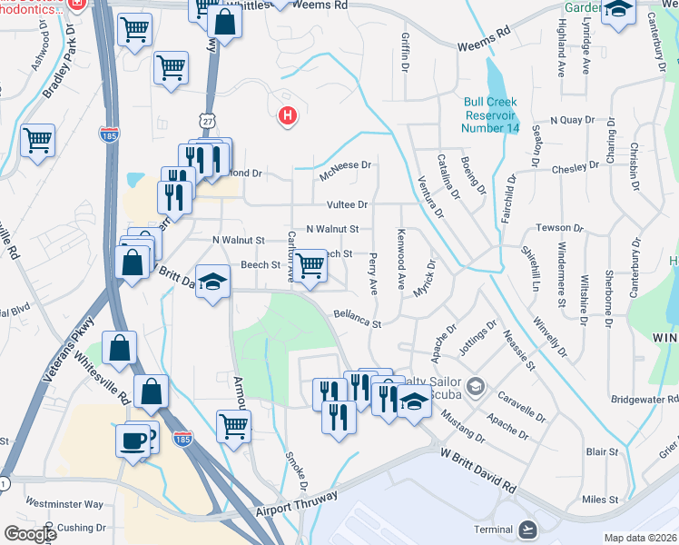 map of restaurants, bars, coffee shops, grocery stores, and more near 5720 August Avenue in Columbus