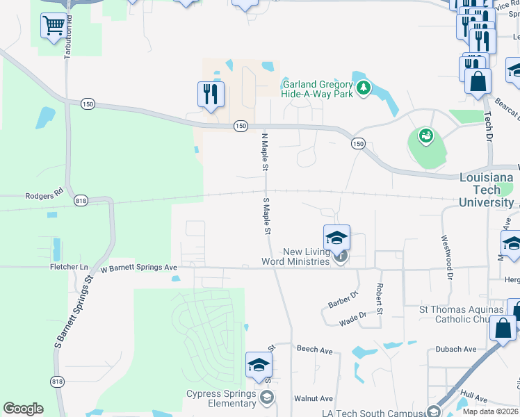 map of restaurants, bars, coffee shops, grocery stores, and more near 110 South Maple Street in Ruston