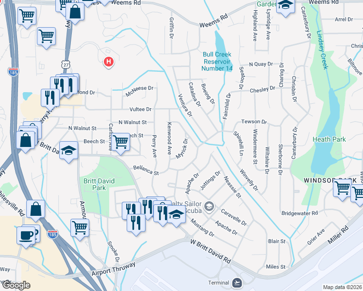 map of restaurants, bars, coffee shops, grocery stores, and more near 3141 Myrick Drive in Columbus