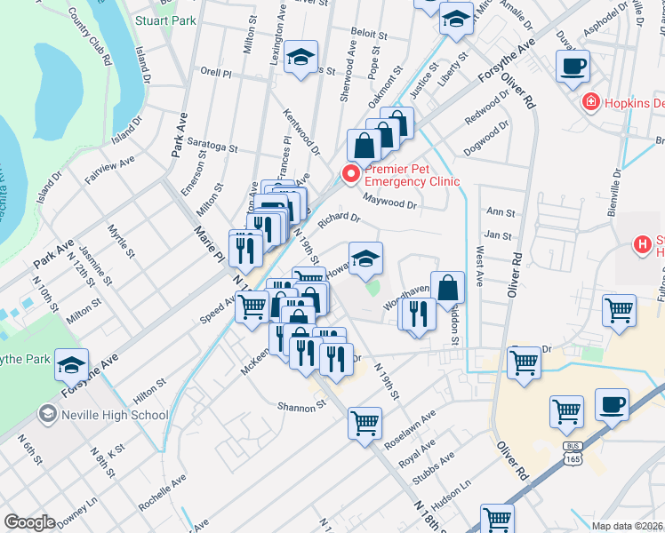 map of restaurants, bars, coffee shops, grocery stores, and more near 1907 Howard Dr in Monroe