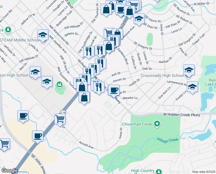 map of restaurants, bars, coffee shops, grocery stores, and more near 200 Meador Lane in Burleson