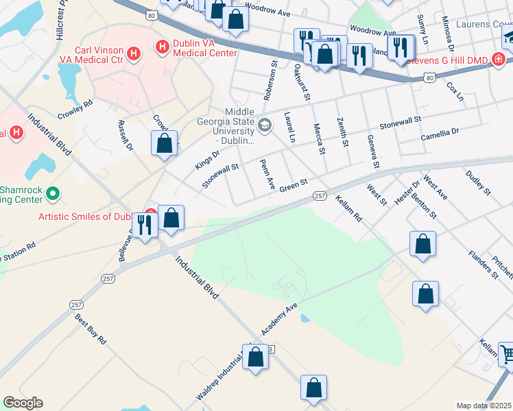 map of restaurants, bars, coffee shops, grocery stores, and more near 1928 Green Street in Dublin