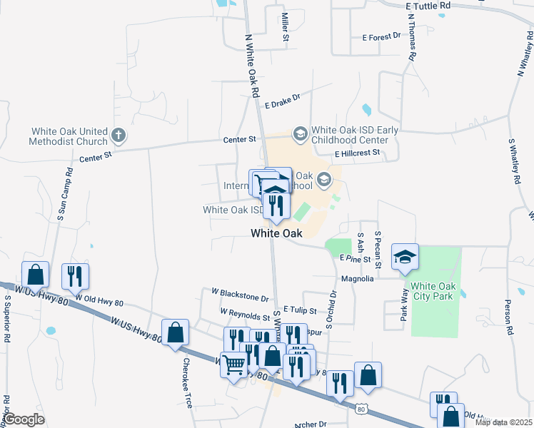 map of restaurants, bars, coffee shops, grocery stores, and more near 200 South White Oak Road in White Oak