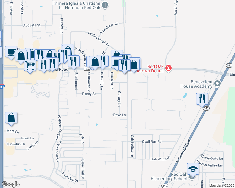 map of restaurants, bars, coffee shops, grocery stores, and more near 525 Canary Lane in Red Oak