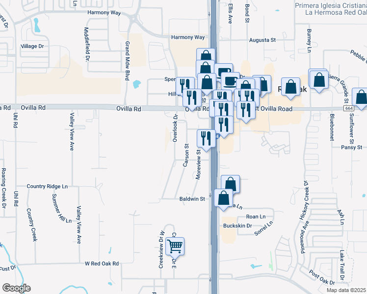 map of restaurants, bars, coffee shops, grocery stores, and more near 218 Carson Street in Red Oak