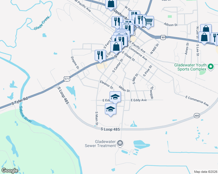 map of restaurants, bars, coffee shops, grocery stores, and more near 212 Eleanor Street in Gladewater
