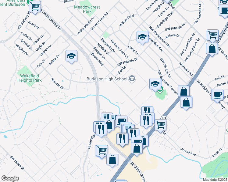 map of restaurants, bars, coffee shops, grocery stores, and more near 301 Elk Drive in Burleson