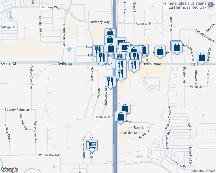 map of restaurants, bars, coffee shops, grocery stores, and more near 213 Moreview Street in Red Oak