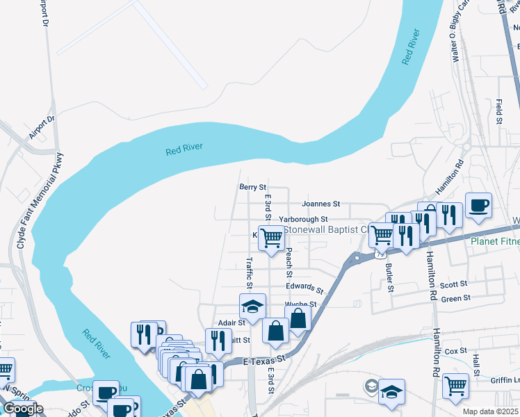 map of restaurants, bars, coffee shops, grocery stores, and more near 316 Joannes Street in Bossier City