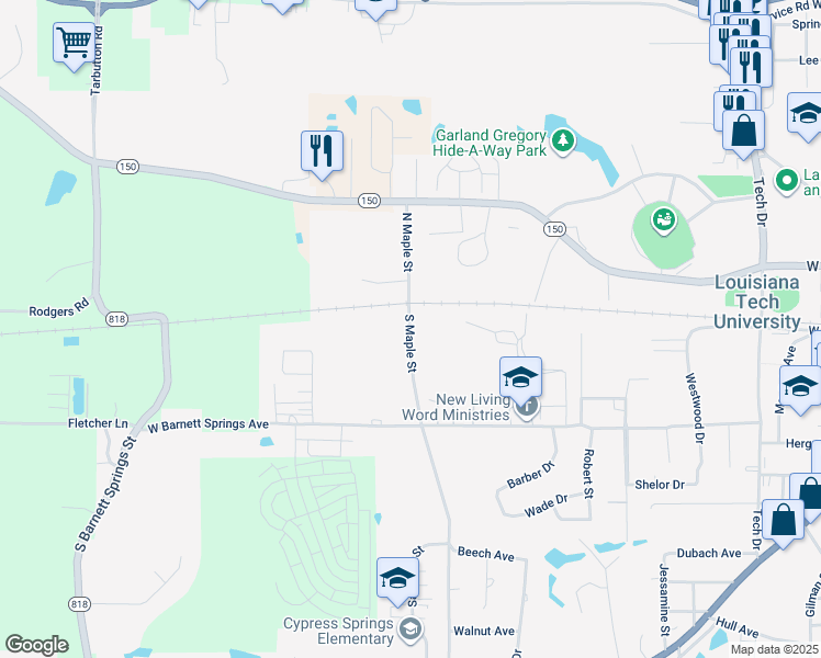 map of restaurants, bars, coffee shops, grocery stores, and more near 117 South Maple Street in Ruston
