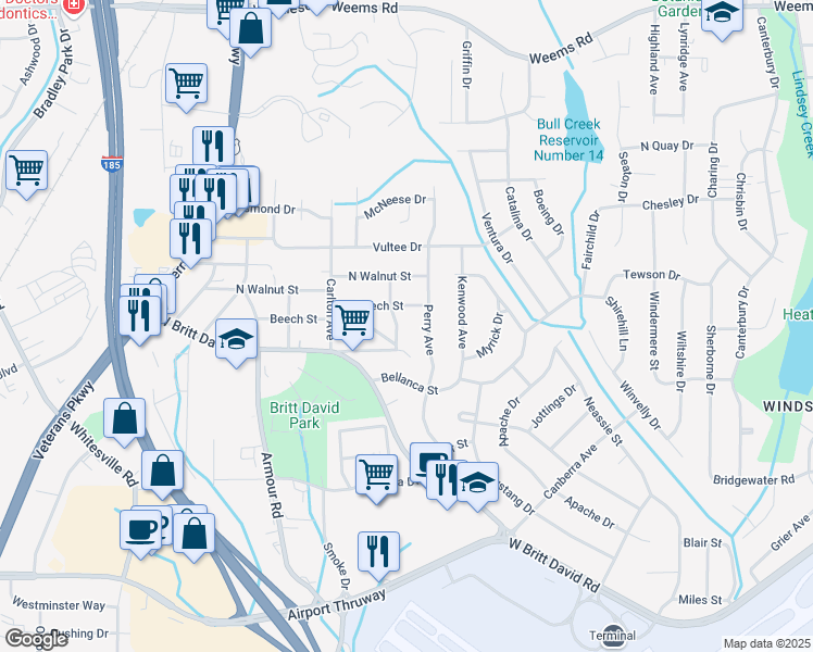 map of restaurants, bars, coffee shops, grocery stores, and more near 5720 August Avenue in Columbus