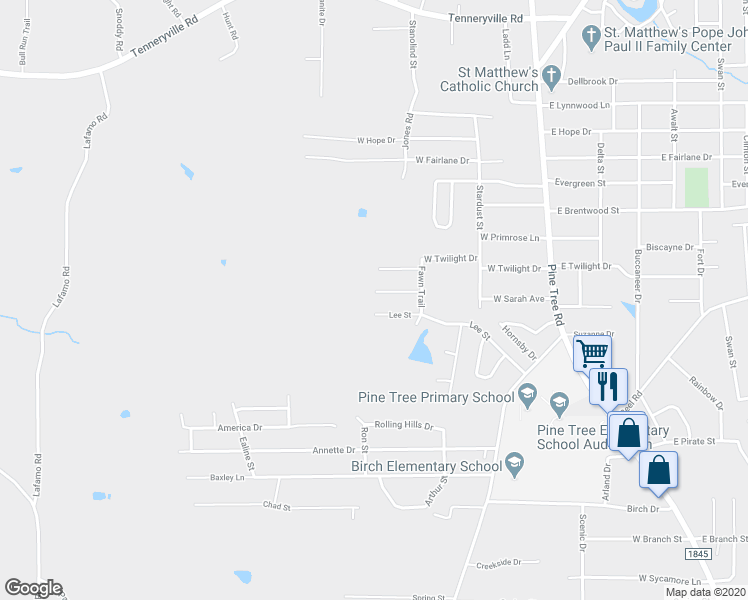 map of restaurants, bars, coffee shops, grocery stores, and more near 2117 Shady Trail in Longview