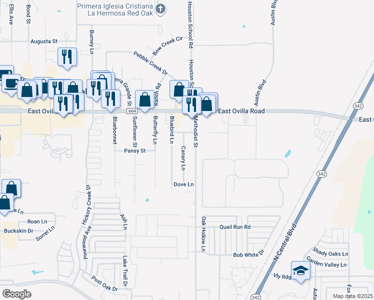 map of restaurants, bars, coffee shops, grocery stores, and more near 525 Canary Lane in Red Oak