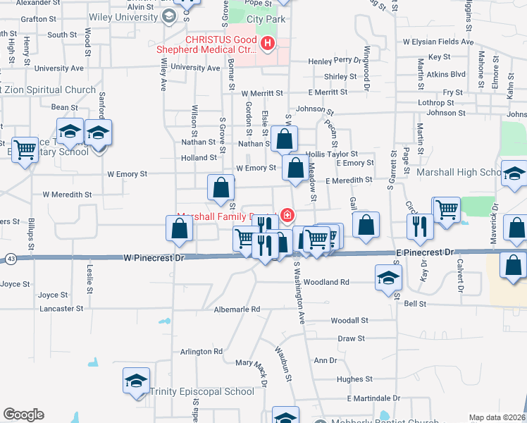 map of restaurants, bars, coffee shops, grocery stores, and more near 205 Preston Street in Marshall