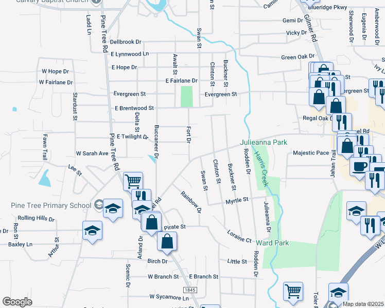 map of restaurants, bars, coffee shops, grocery stores, and more near 2090 Fort Drive in Longview