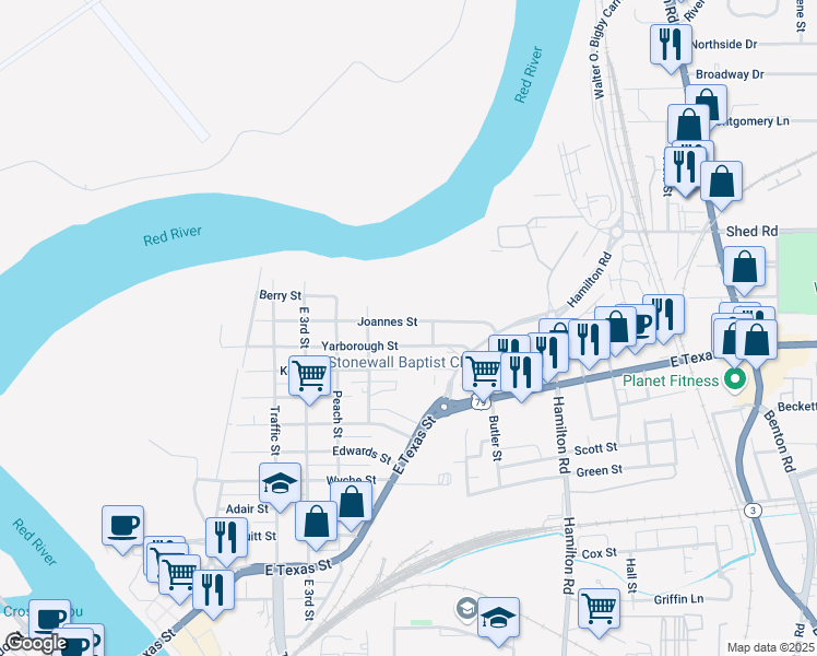 map of restaurants, bars, coffee shops, grocery stores, and more near 634 Joannes Street in Bossier City
