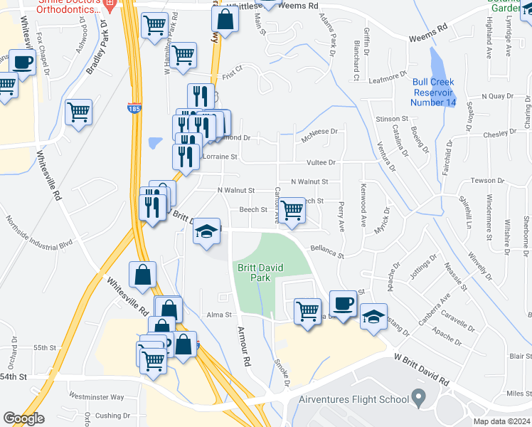 map of restaurants, bars, coffee shops, grocery stores, and more near 2718 Beech Street in Columbus