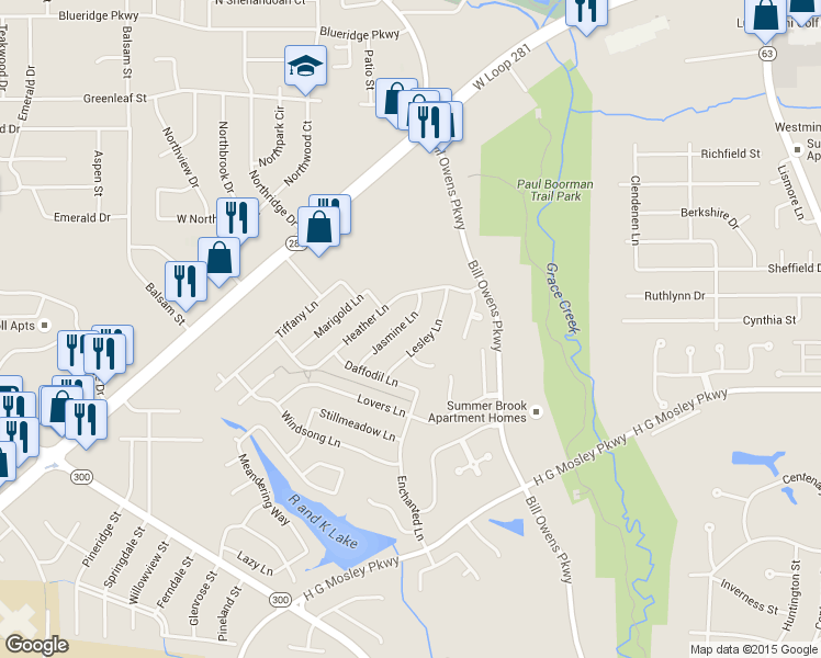 map of restaurants, bars, coffee shops, grocery stores, and more near 1208 Jasmine Lane in Longview