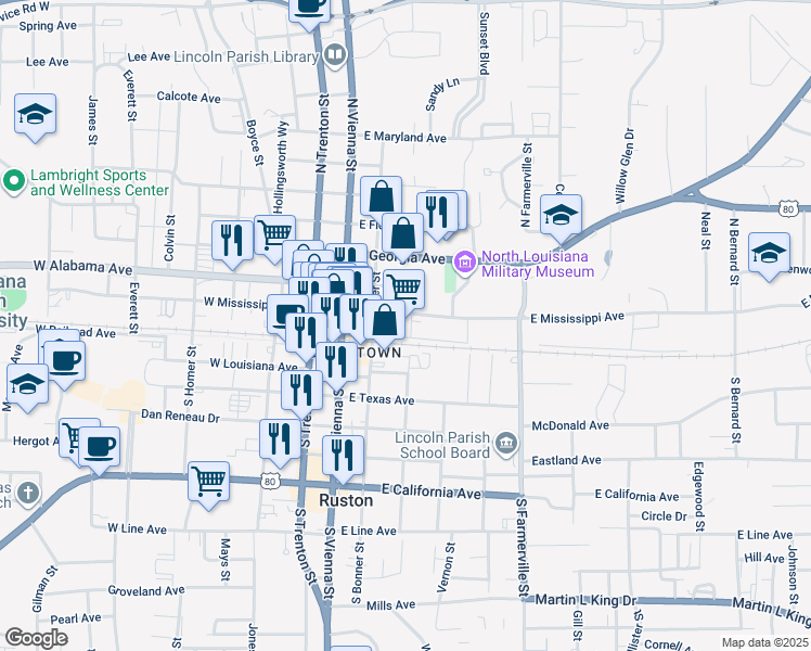 map of restaurants, bars, coffee shops, grocery stores, and more near 220 East Mississippi Avenue in Ruston